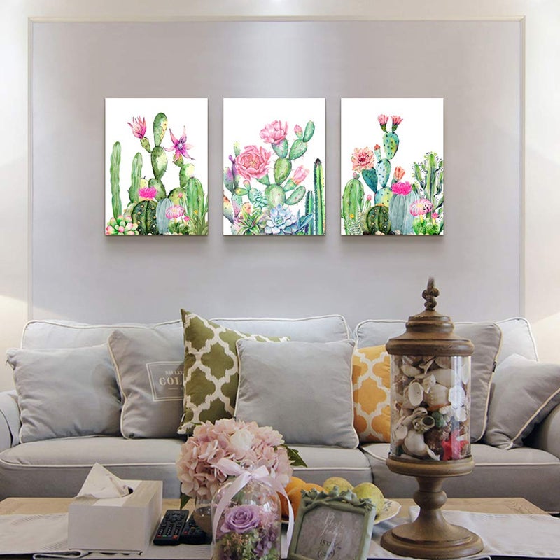TTHYUEWS Canvas Wall Art for living room bathroom Wall Decor for bedroom kitchen artwork Canvas Prints green cactus flowers painting 12" x 16" 3 Pieces Modern framed office Home decorations family picture - Image 3